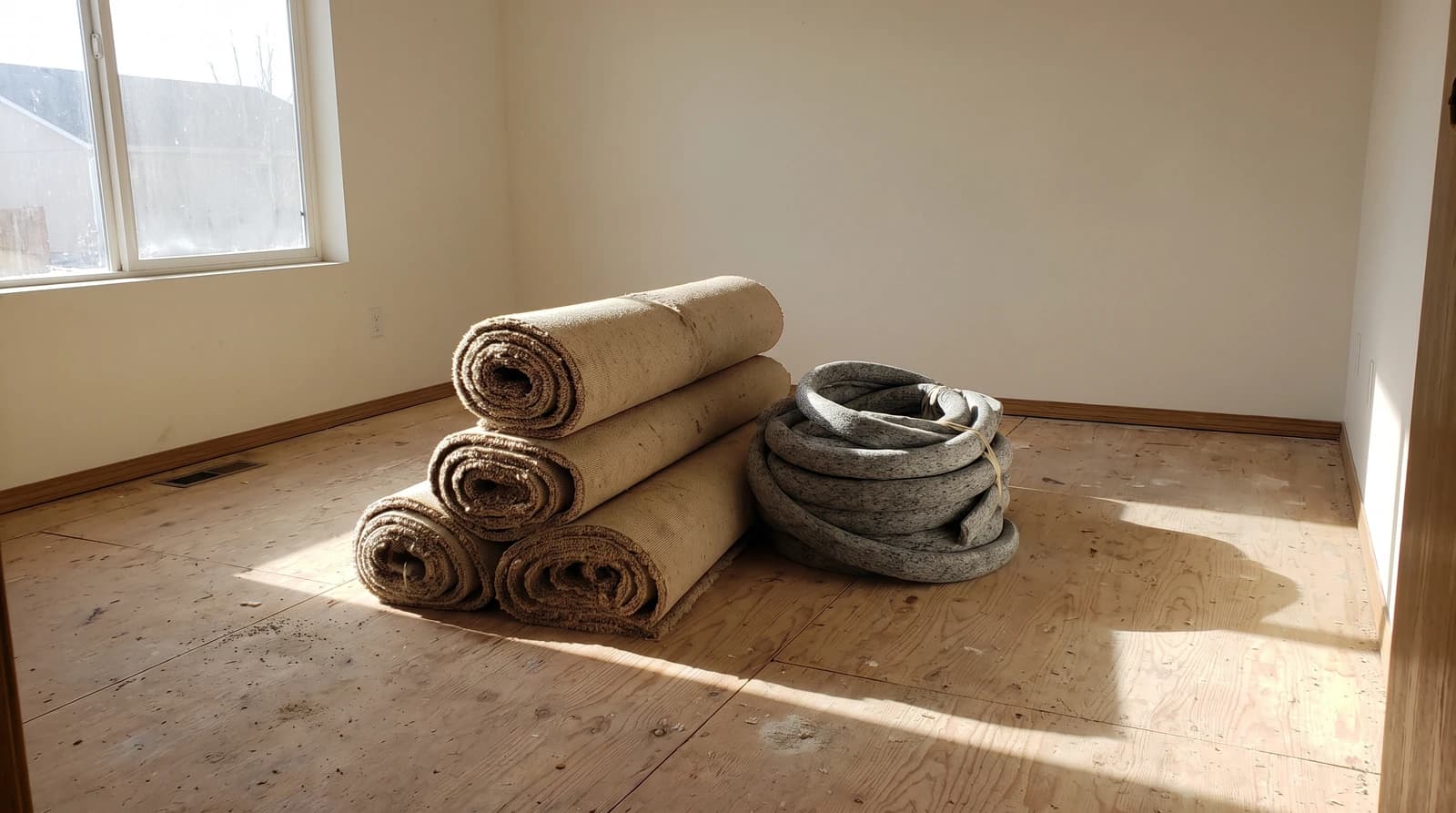 Rolled-up old carpet and a coil of padding stacked on a bare plywood subfloor in an empty room during a carpet removal job in Caldwell, Idaho