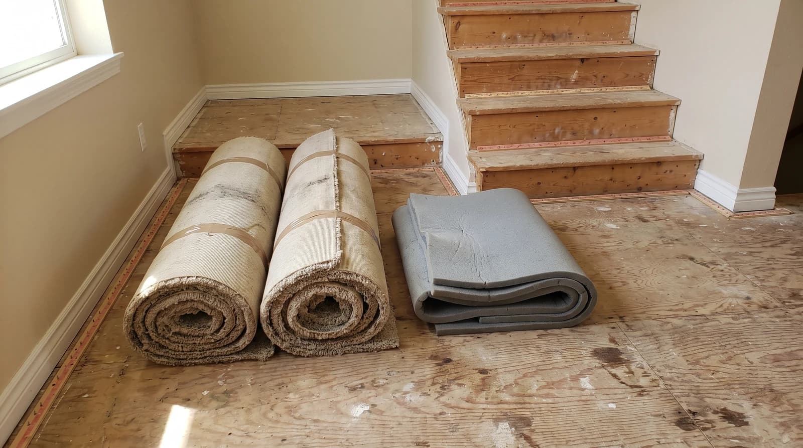 Rolled and taped old carpet with folded gray padding stacked on a bare plywood subfloor in an empty room during a carpet removal job in Boise, Idaho