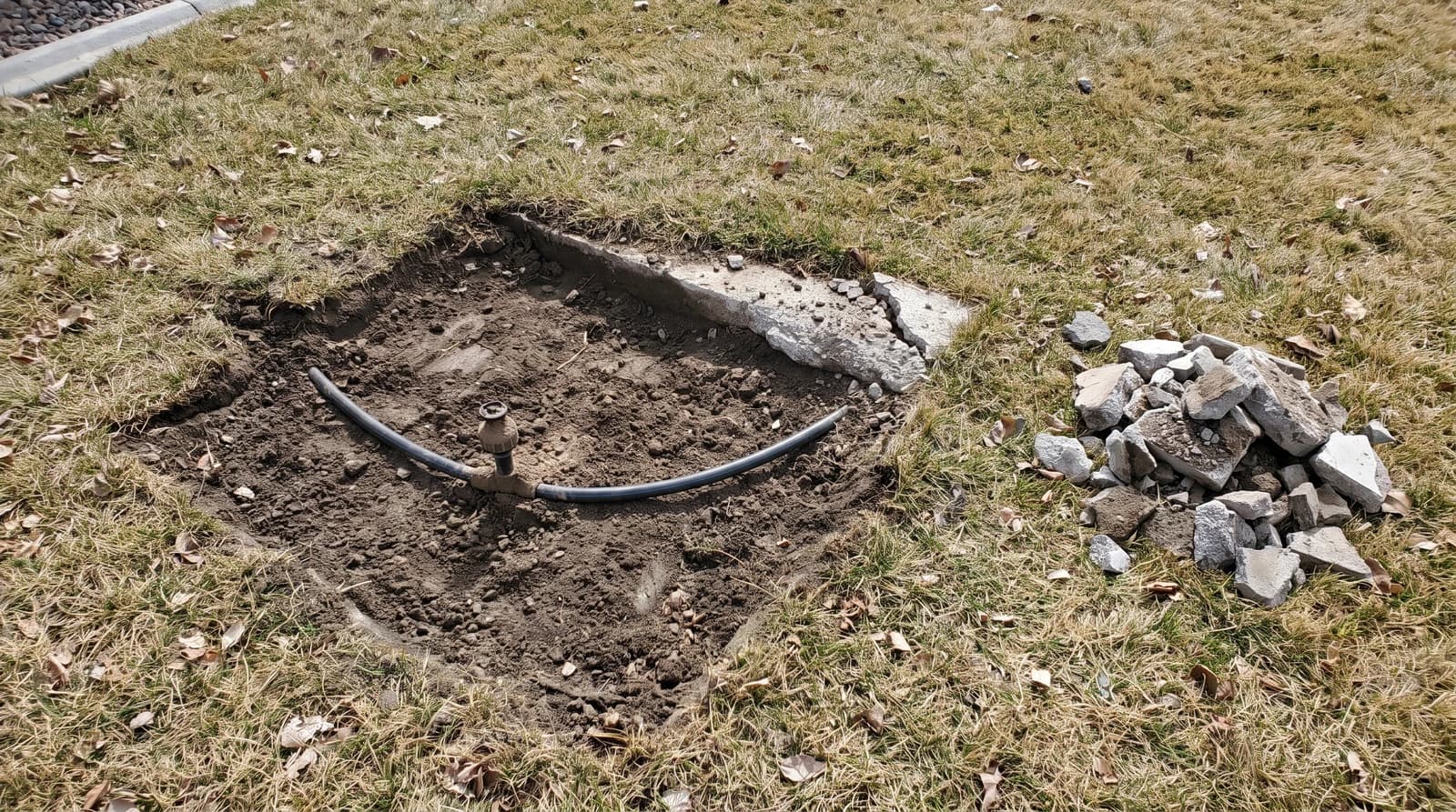 Exposed black irrigation pipe in bare dirt next to a low stack of broken concrete pieces in a Boise, Idaho backyard after concrete removal