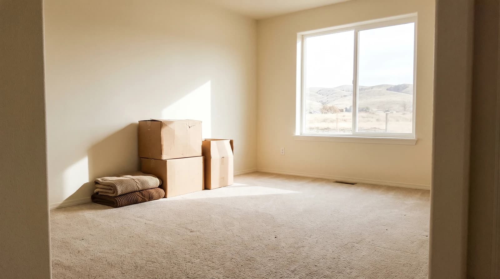 Stacked cardboard boxes and folded blankets in an empty living room during an estate cleanout in Garden City, Idaho