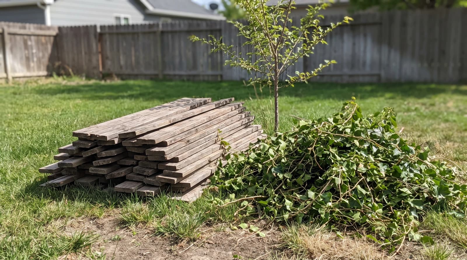 Stacked old fence boards and a pile of cut ivy vines beside a young elm tree in a Star, Idaho backyard after an overgrown fence was removed
