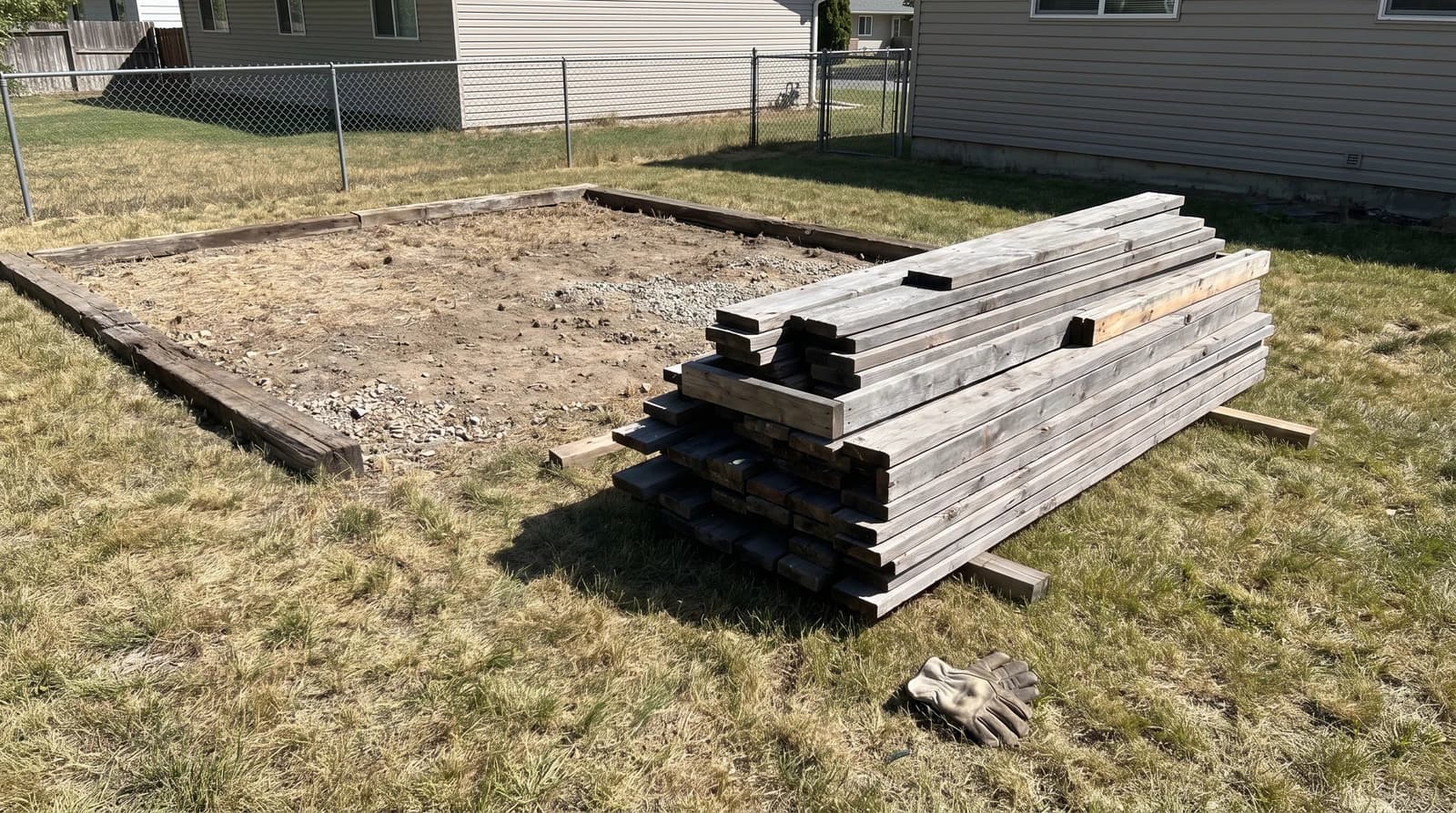 Stacked weathered shed lumber next to a bare dirt footprint after a backyard shed demolition in Nampa, Idaho