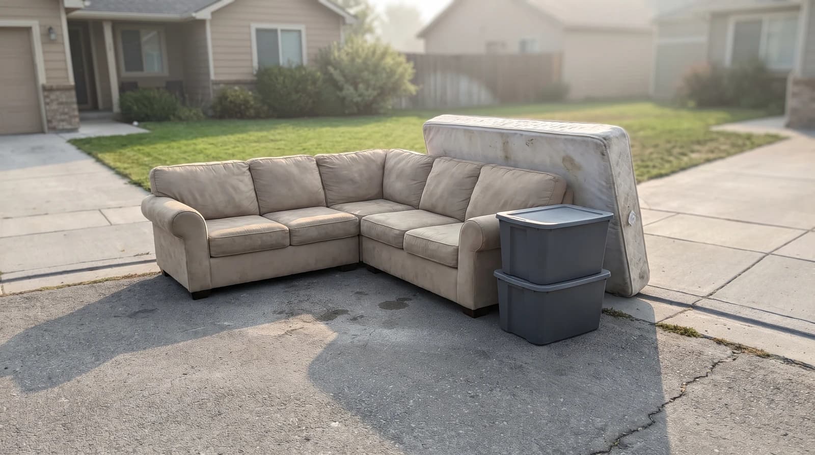 Sectional couch, mattress, and plastic totes stacked on a residential driveway for bulk trash removal in Meridian, Idaho