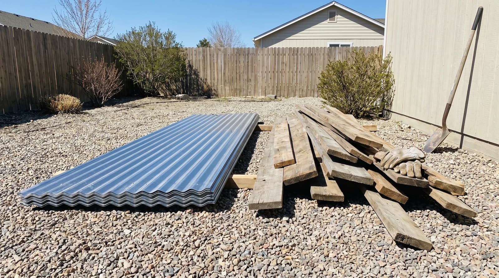 Stacked metal shed panels and sorted wood framing on a gravel pad after a shed demolition in Nampa, Idaho