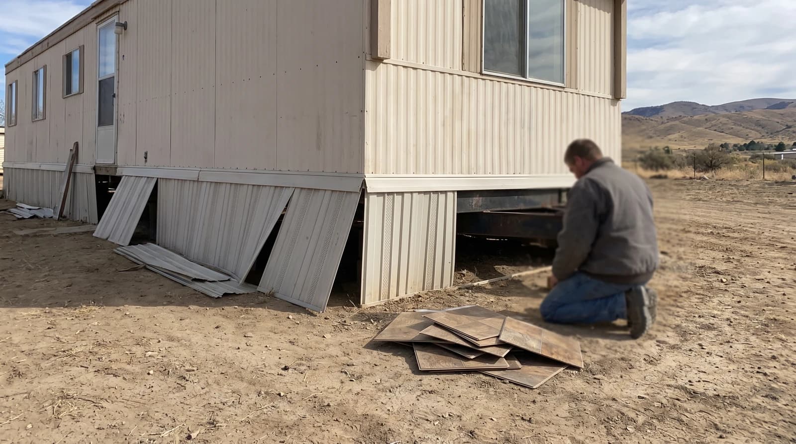 Older single-wide manufactured home with faded siding and partly removed skirting on a bare lot near Kuna, Idaho, waiting for demolition.