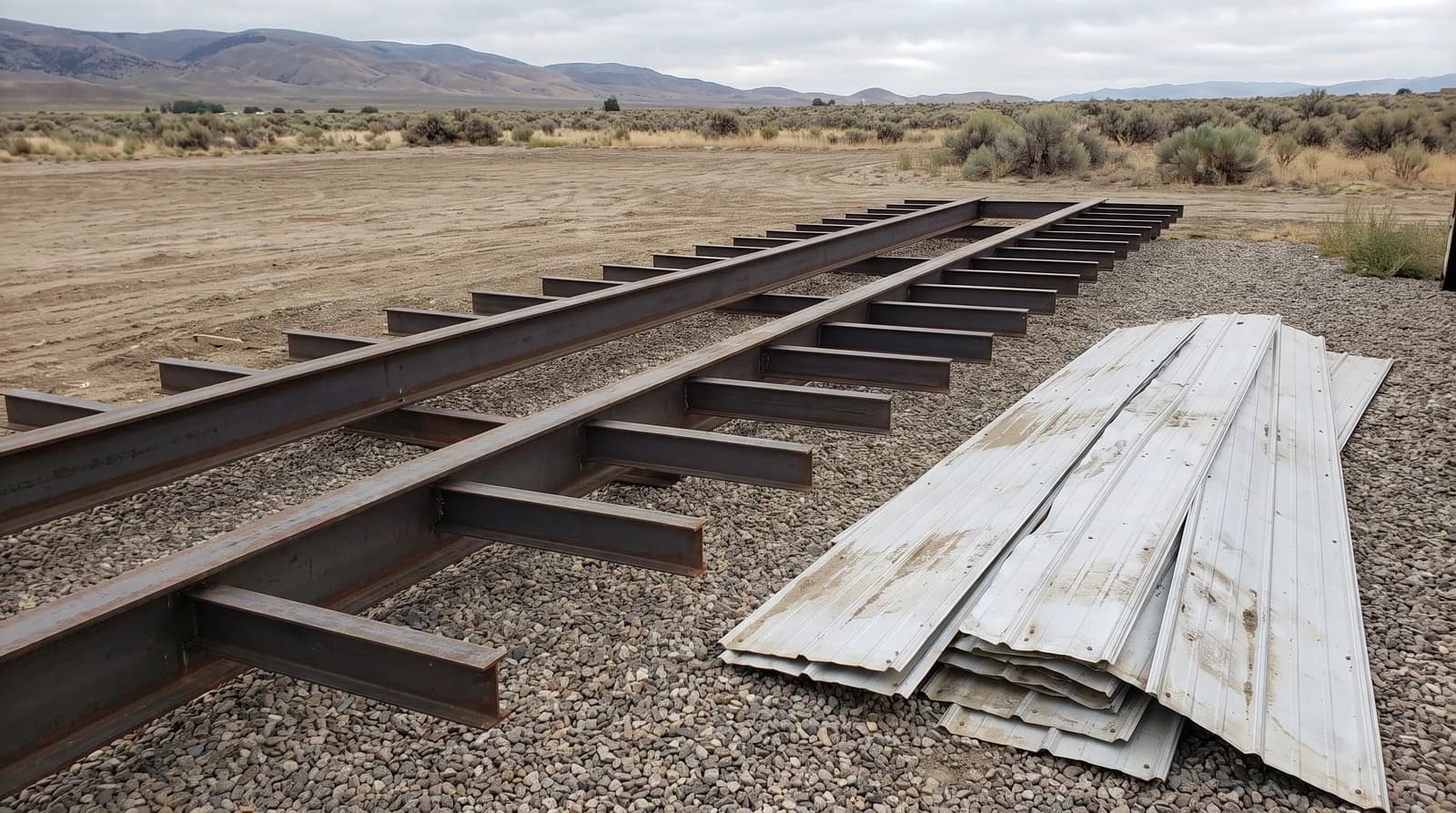 Bare steel mobile home frame and a stack of removed aluminum siding on a cleared gravel lot in Meridian, Idaho