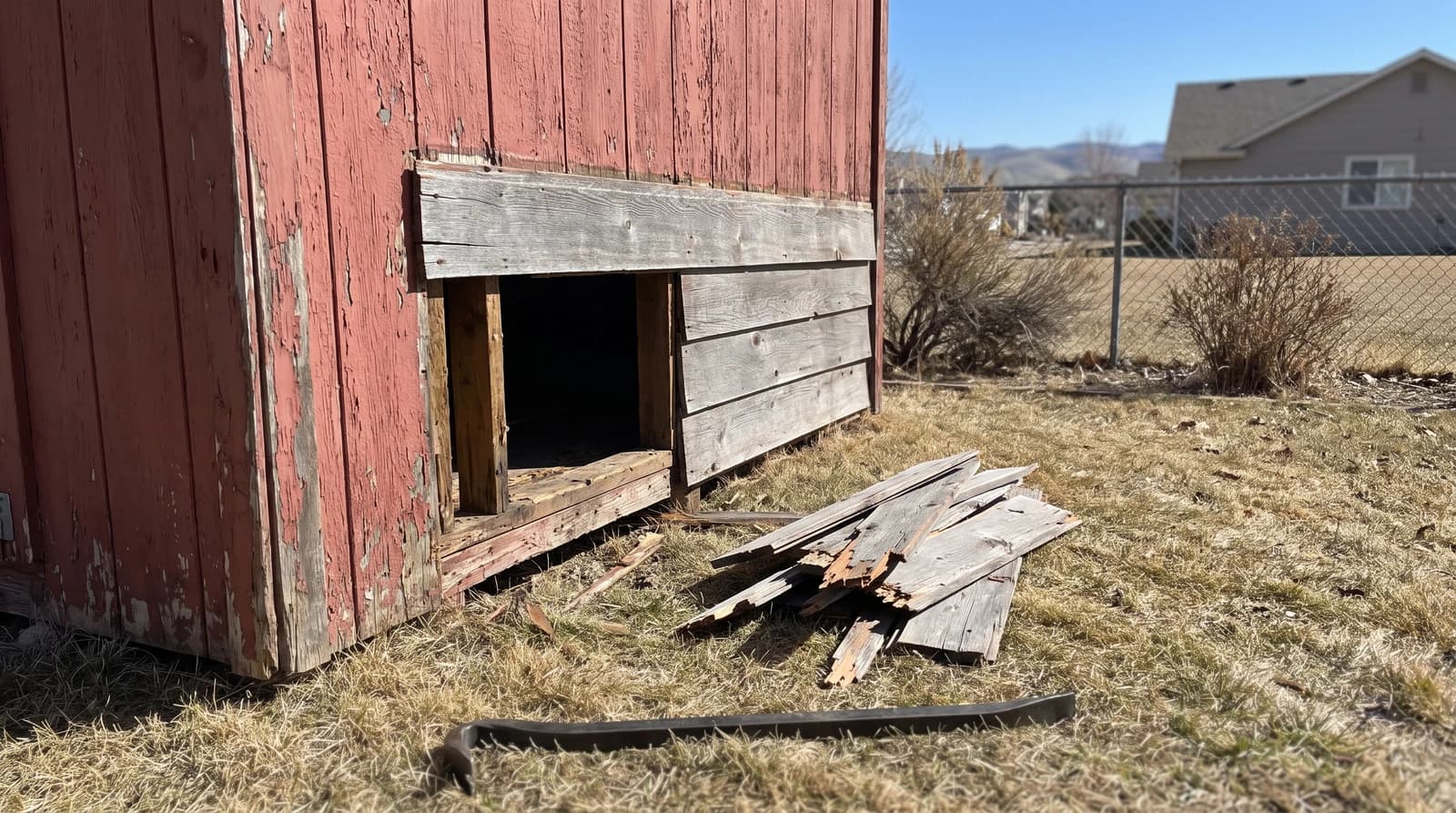 Old wooden backyard shed partially dismantled during a shed demolition in Star, Idaho, with pulled siding boards stacked on the grass
