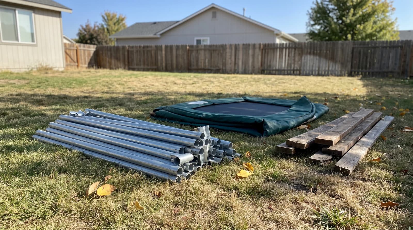 Disassembled swing set poles, a folded trampoline mat, and stacked wood beams sitting on the lawn of a backyard in Boise, Idaho