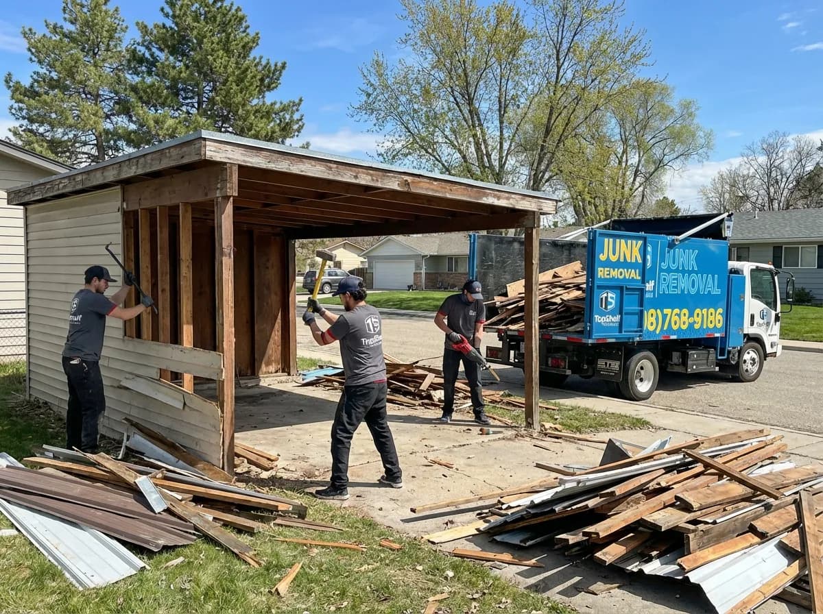 Top Shelf crew demolishing an old carport at a property in Meridian Idaho