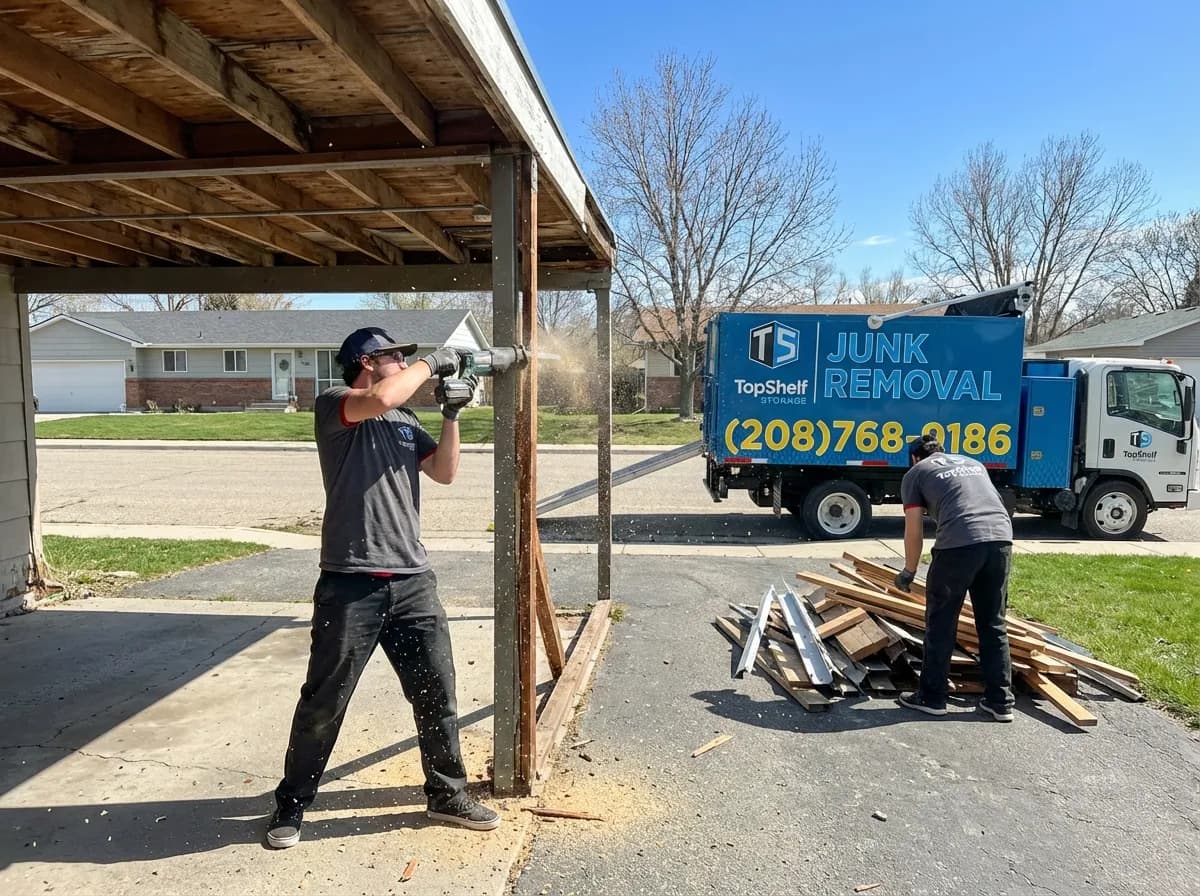 Carport demolition by Top Shelf crew at a property in Garden City Idaho