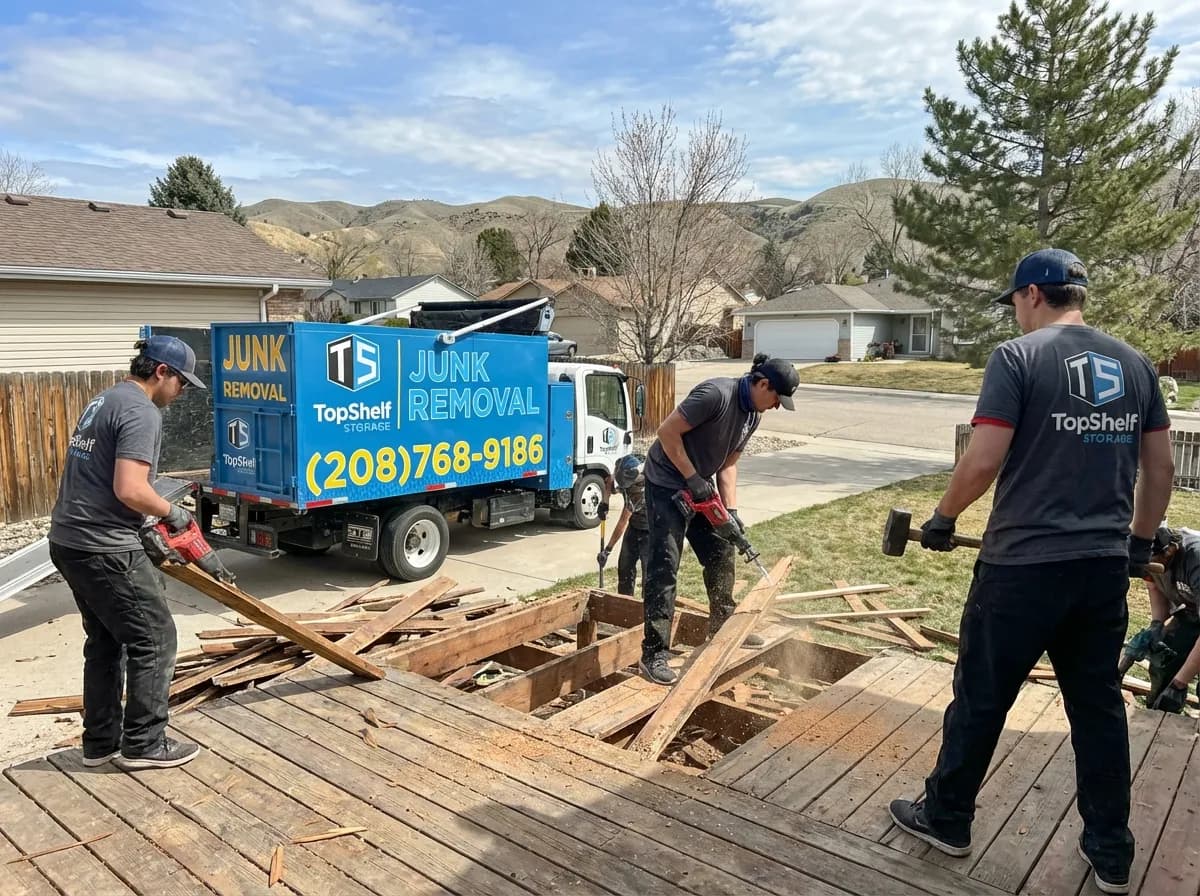 Top Shelf crew demolishing an old deck at a property in Star Idaho