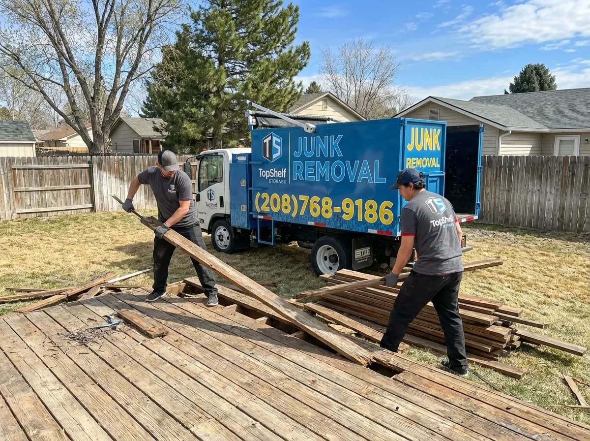 Top Shelf junk removal team loading demolished deck materials into the branded truck in Caldwell Idaho