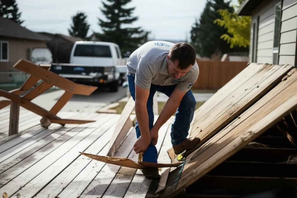 Professional crew removing old wooden deck from Boise Idaho home