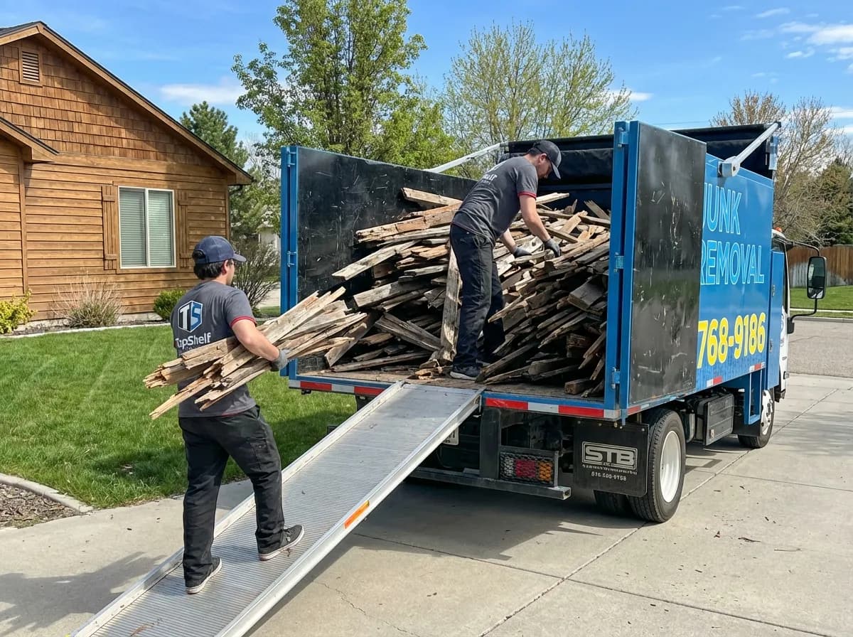 Top Shelf junk removal team loading demolished fence materials into the branded truck in Caldwell Idaho