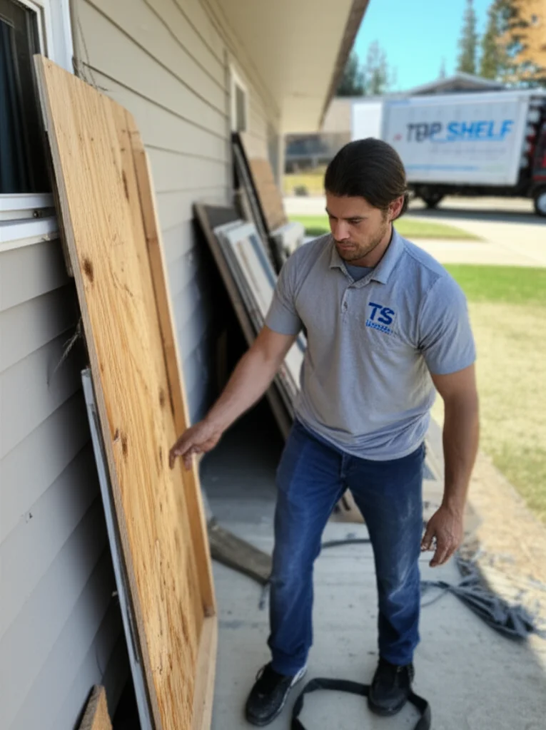 Professional crew removing lean-to structure from home in Boise Idaho