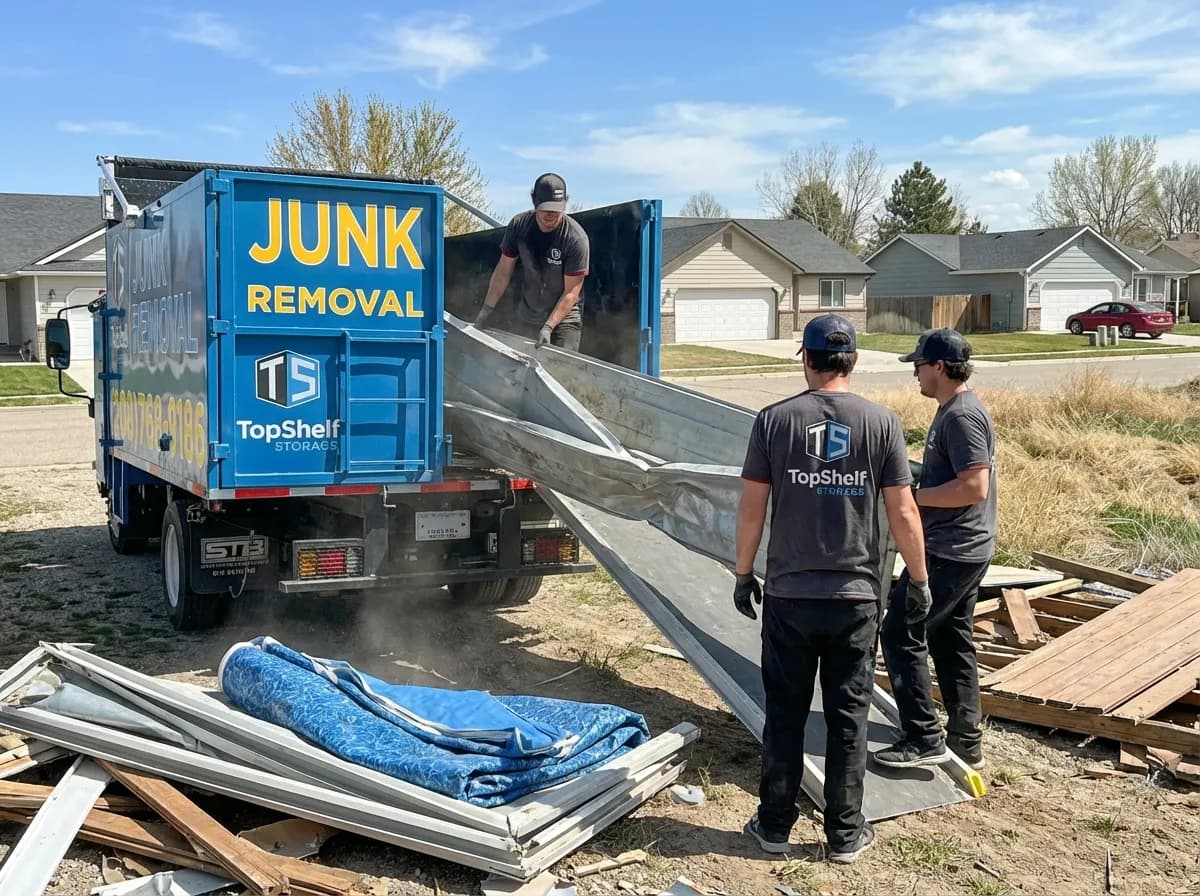 Top Shelf crew member using tools to dismantle an old pool in Kuna Idaho