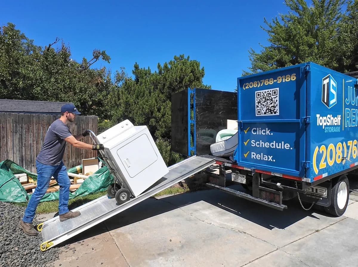 Top Shelf crew member loading a clothes dryer onto the branded junk removal truck using a dolly and ramp in Boise Idaho