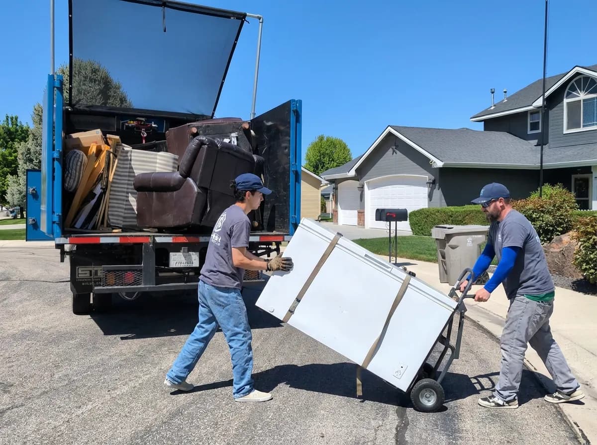 Top Shelf crew loading a chest freezer onto a dolly into the junk removal truck in a Nampa Idaho neighborhood