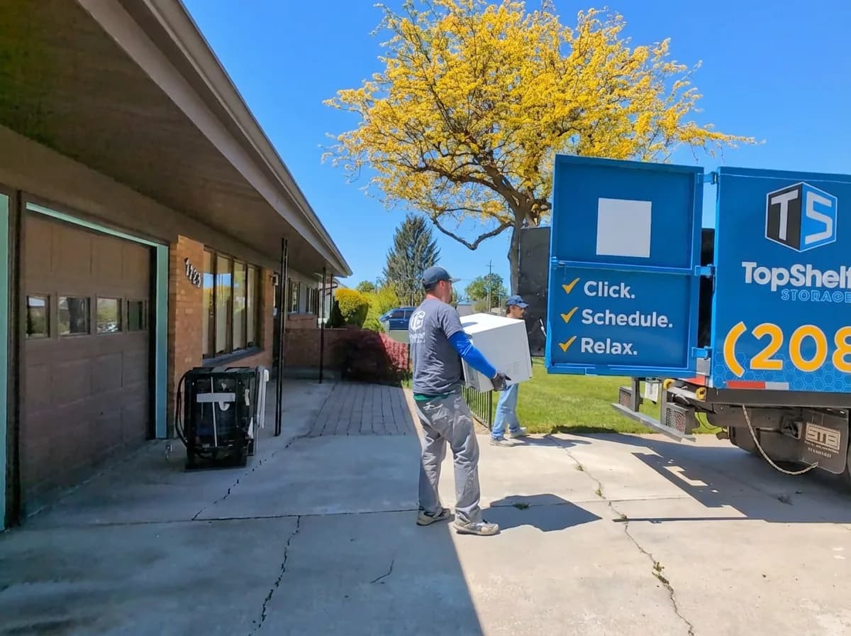 Top Shelf crew carrying a microwave to the branded junk removal truck in a residential driveway in Meridian Idaho