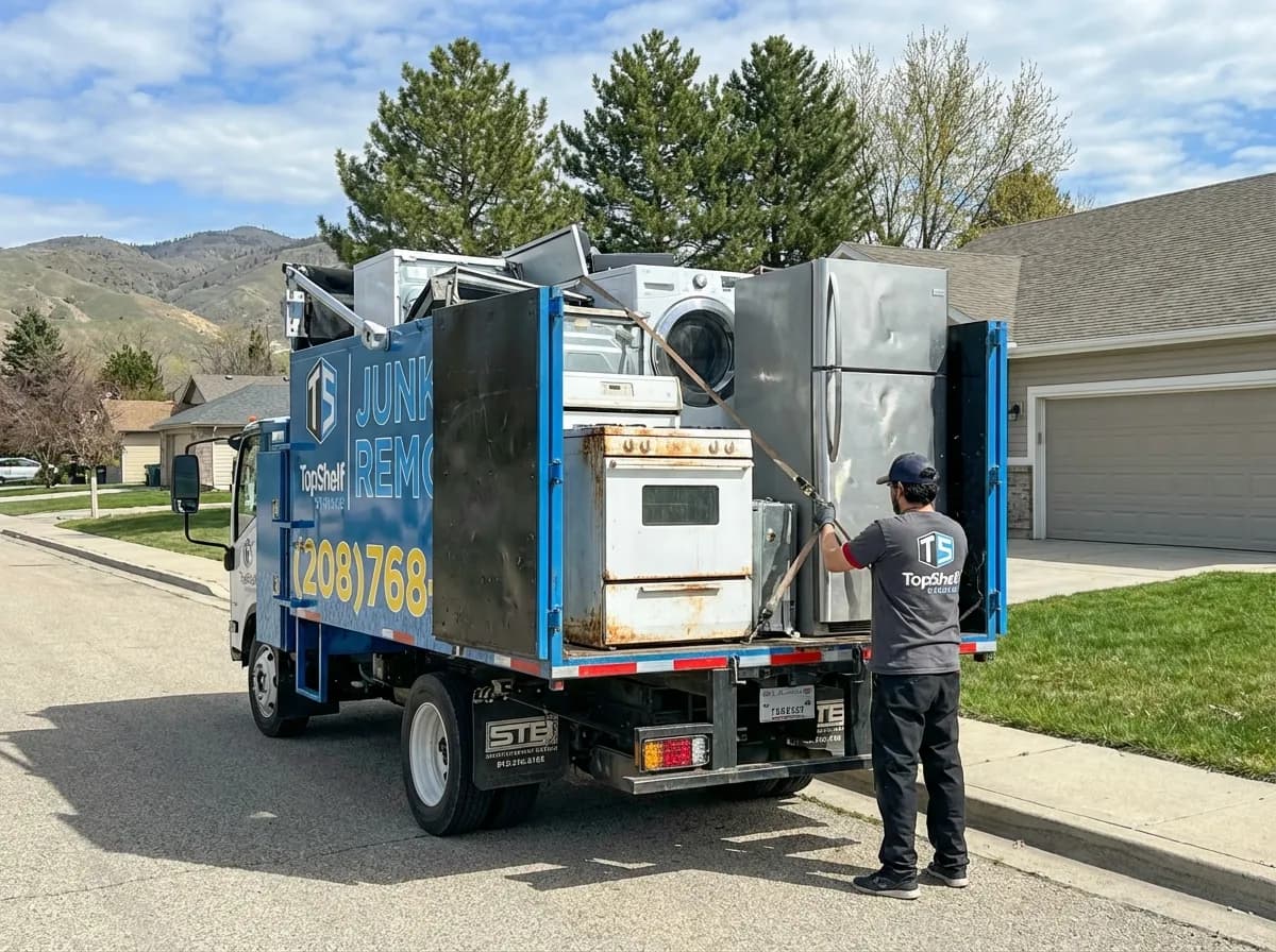Top Shelf crew member loading oven into the junk removal truck in Garden City Idaho