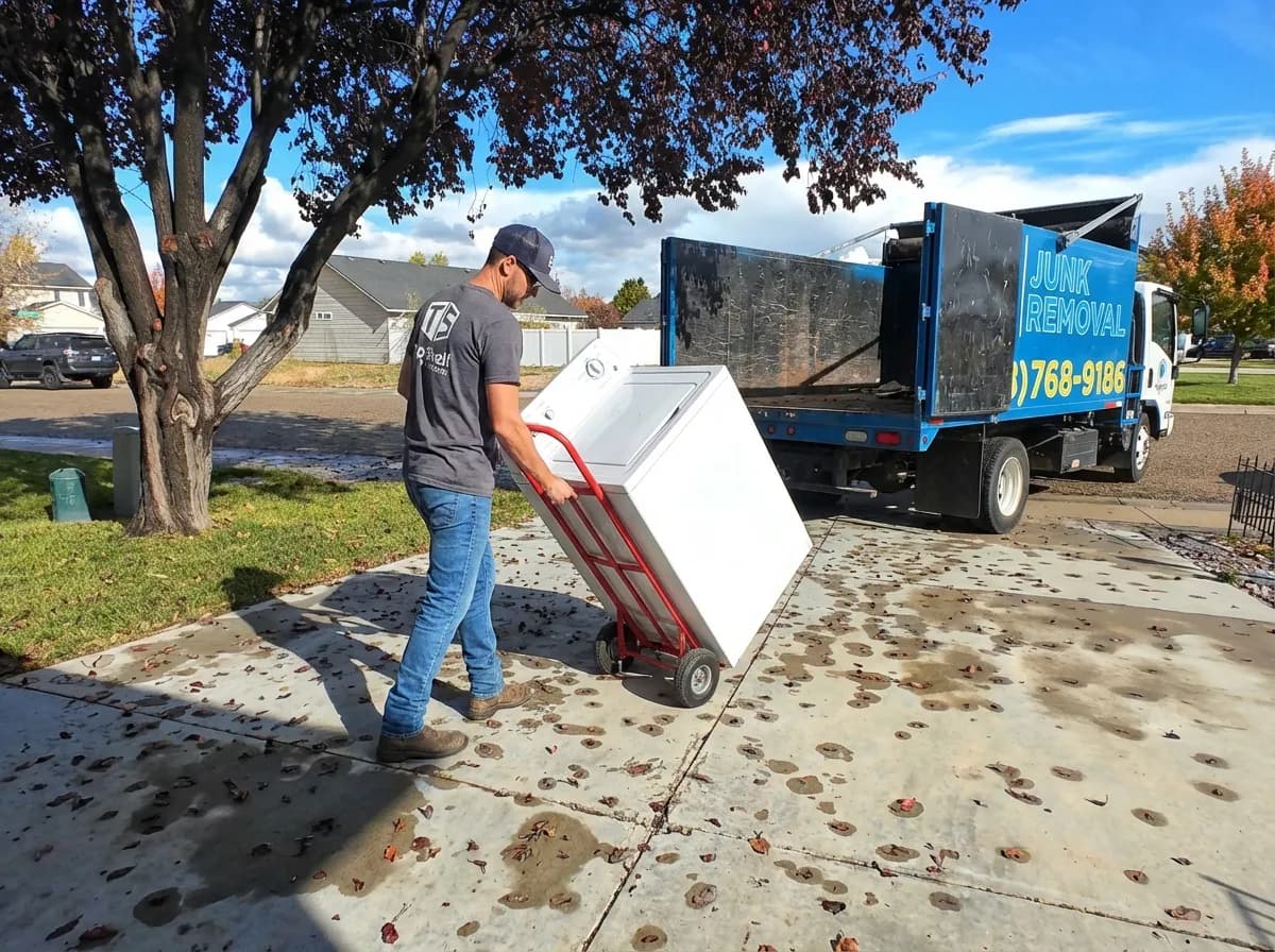 Top Shelf crew member hauling a white washer on a dolly toward the branded junk removal truck in a Nampa Idaho neighborhood