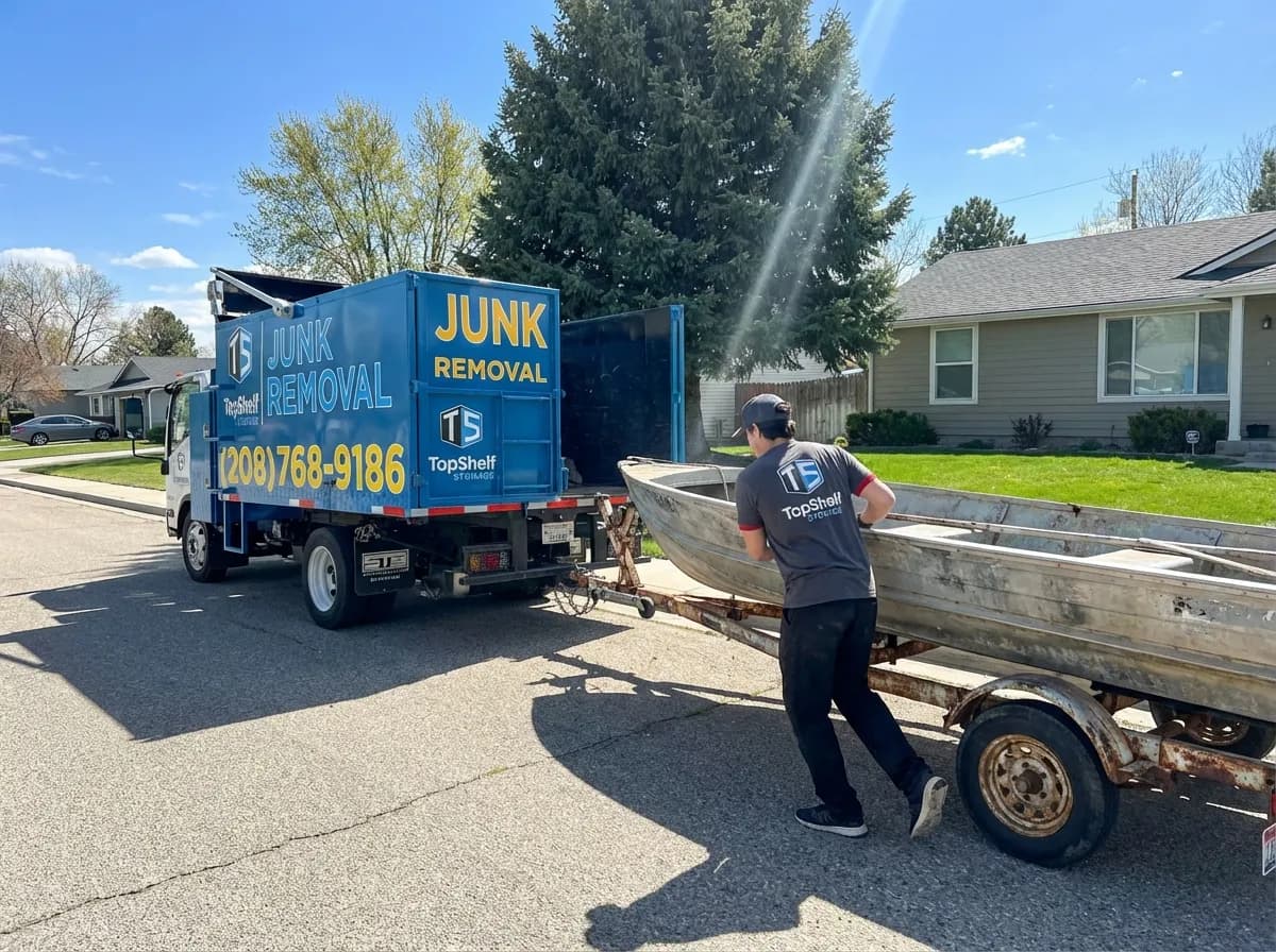 Boat trailer and motorsport equipment removal by Top Shelf crew at a property in Meridian Idaho
