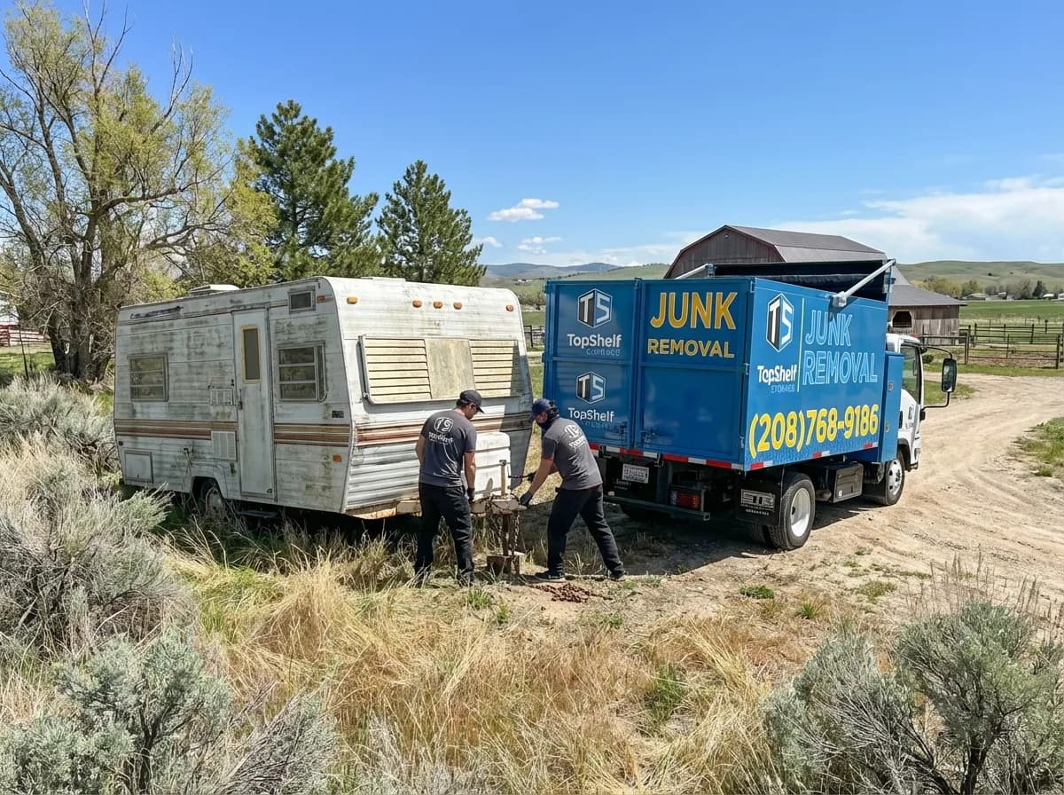 Professional boat trailer and motorsport equipment removal and haul-away by Top Shelf crew in Kuna Idaho