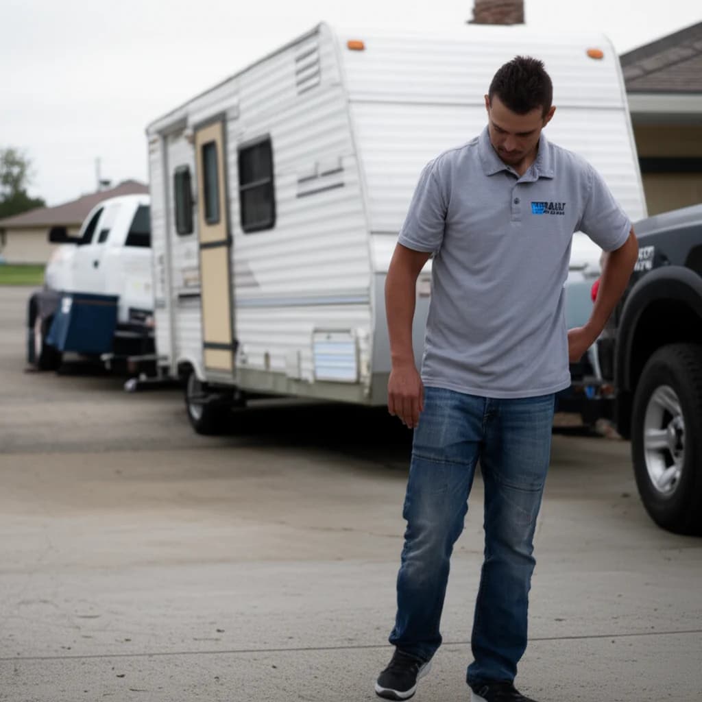 Professional crew removing old pop-up camper from Boise Idaho property