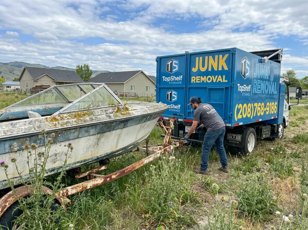 Top Shelf crew removing a junk boat from a residential property in Garden City Idaho