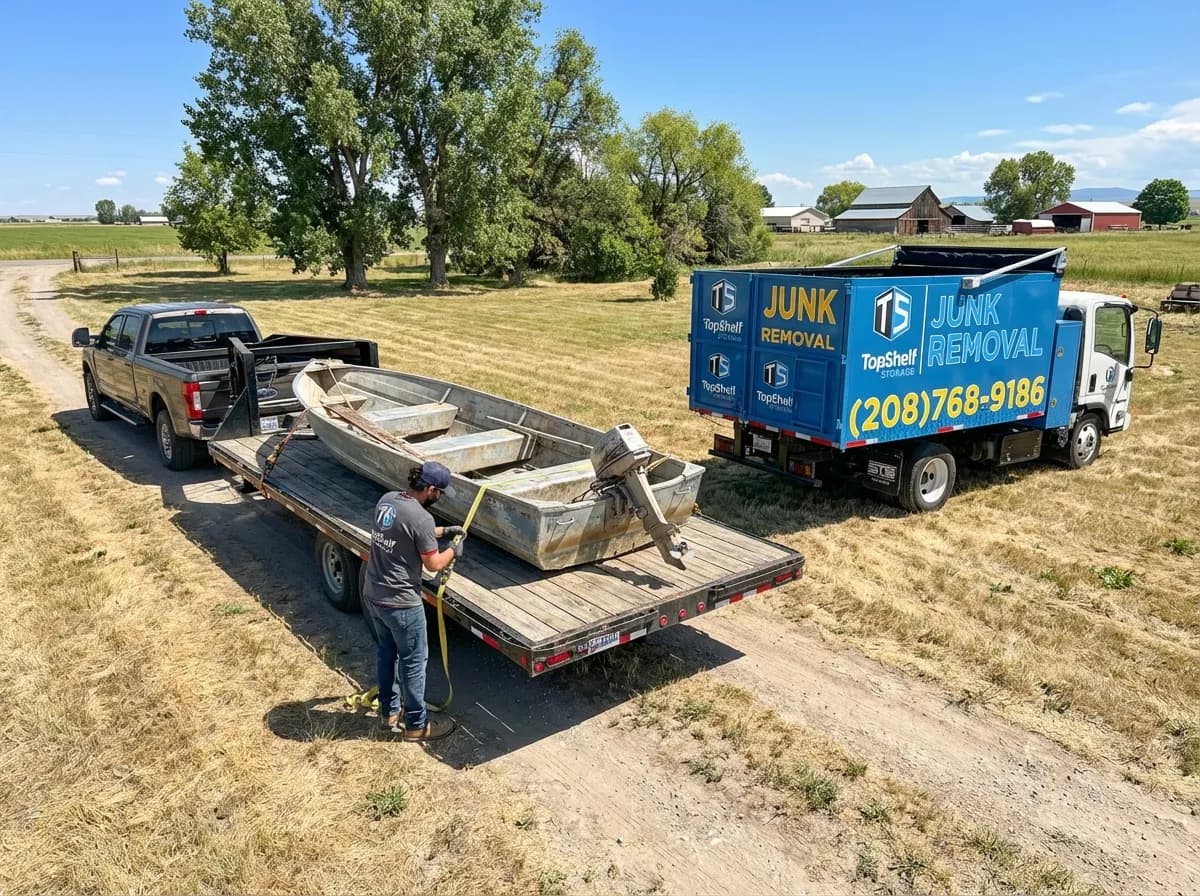 Junk boat removal by Top Shelf crew at a home in Emmett Idaho