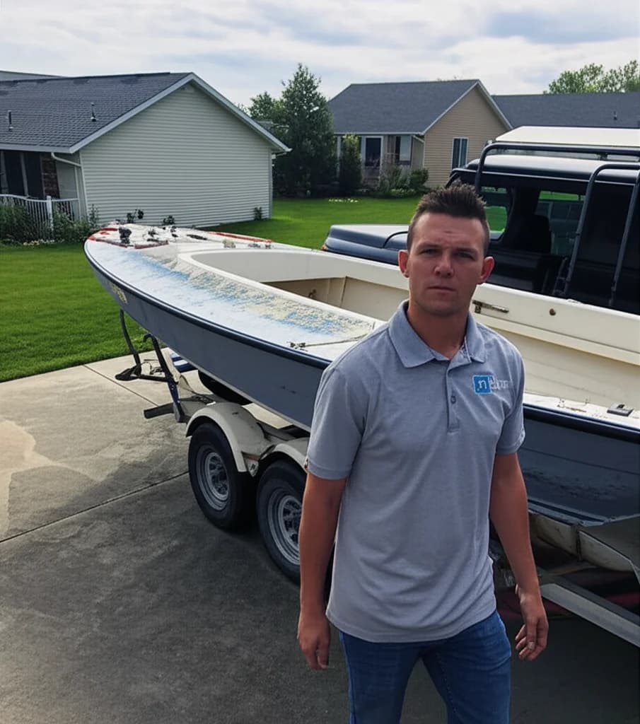 Professional crew loading old boat onto truck for removal from Boise Idaho property