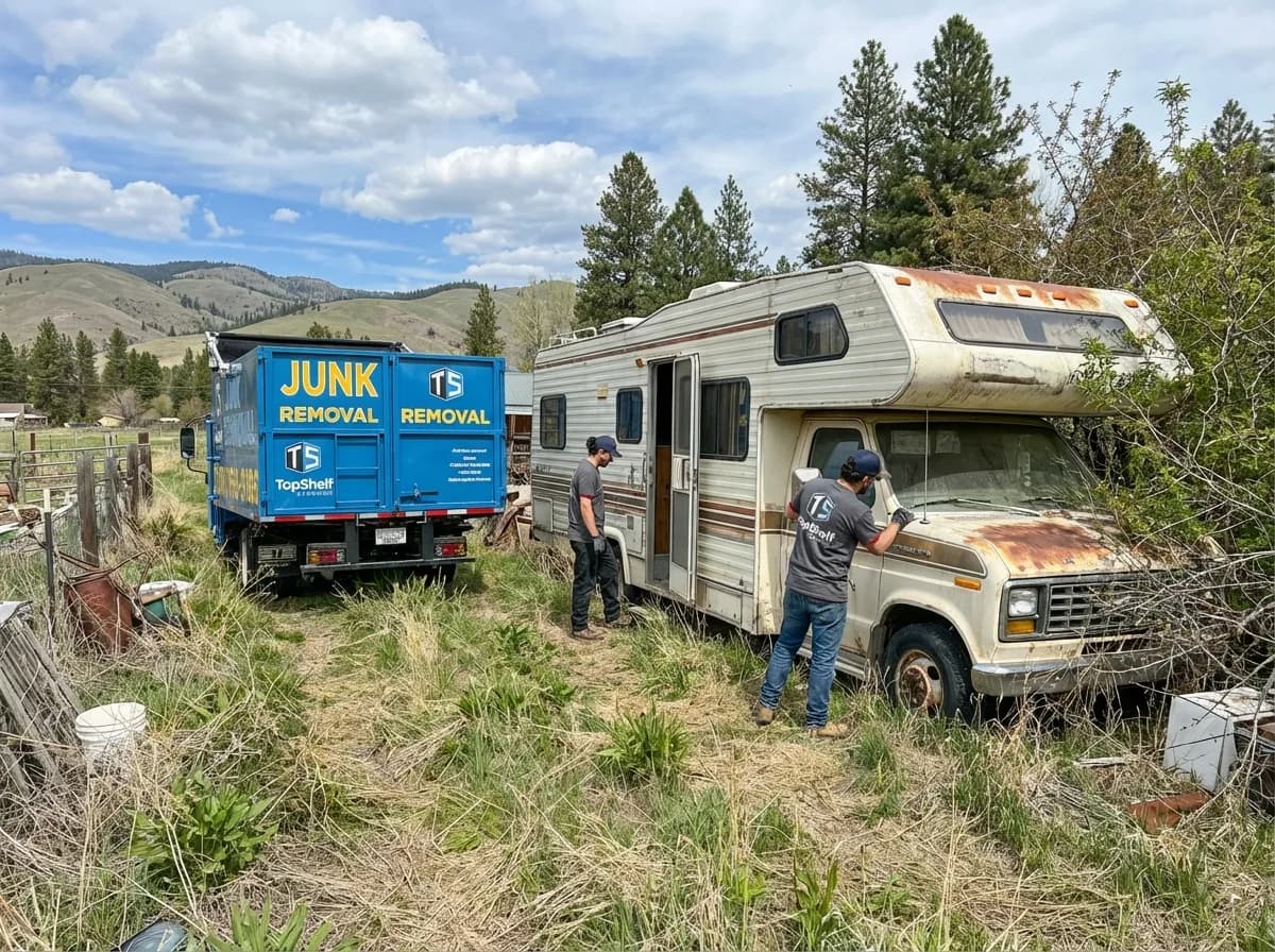 Top Shelf crew removing an old RV from a residential property in Meridian Idaho