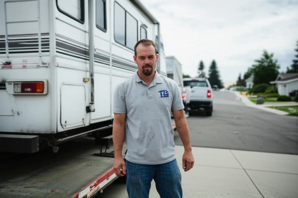 Professional crew removing old RV motorhome from Boise Idaho property