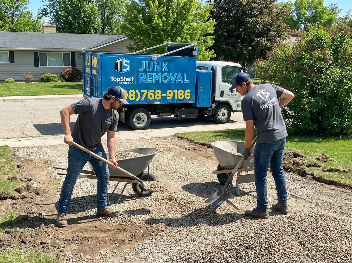 Top Shelf junk removal team hauling gravel to the branded truck in Eagle Idaho