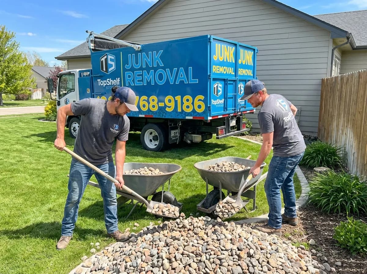 Top Shelf junk removal team hauling rocks to the branded truck in Meridian Idaho