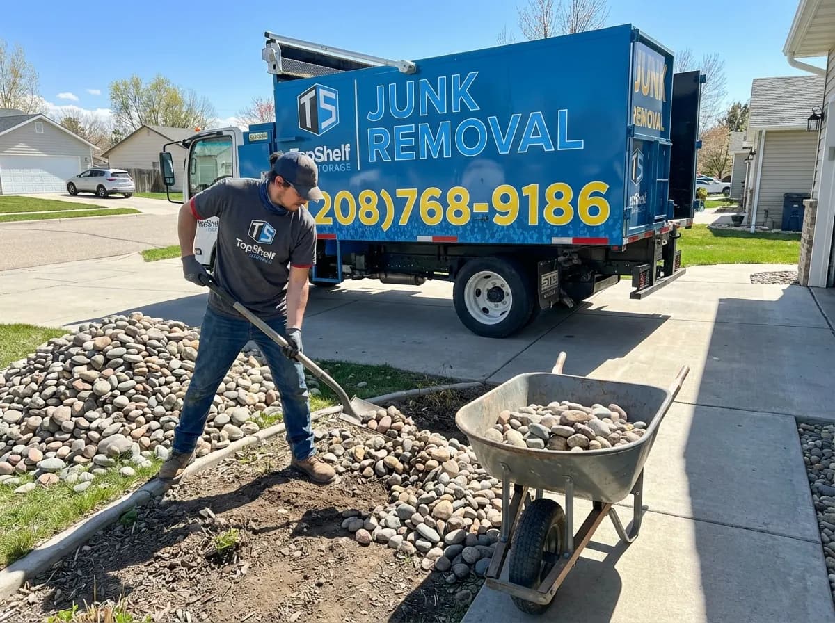 Top Shelf crew member loading rocks into the junk removal truck in Garden City Idaho