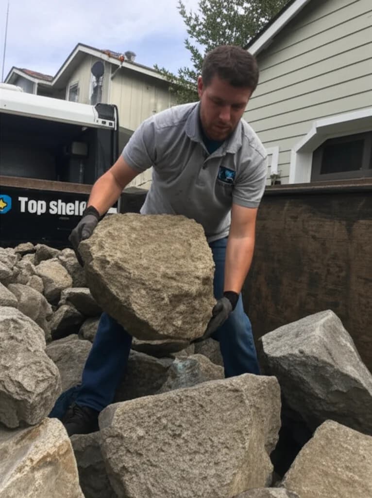 Professional crew removing landscaping rocks and river rock from a Boise Idaho yard using heavy equipment