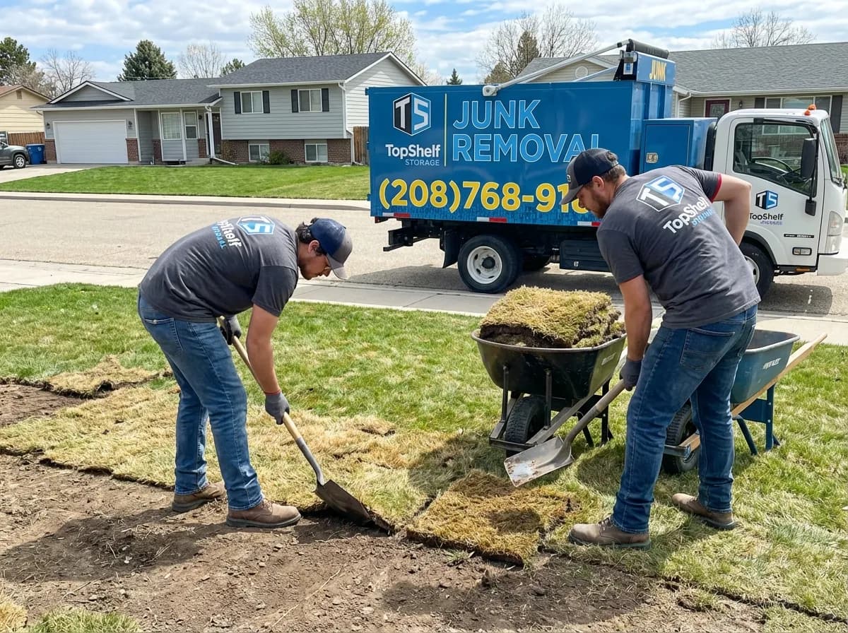 Top Shelf junk removal team hauling sod to the branded truck in Caldwell Idaho