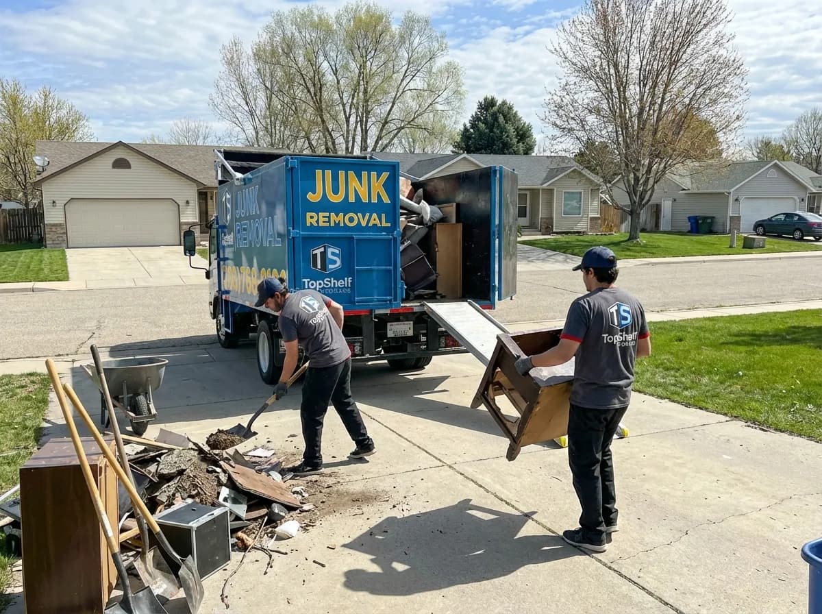 Top Shelf junk removal team hauling bulk trash to the branded truck in Eagle Idaho