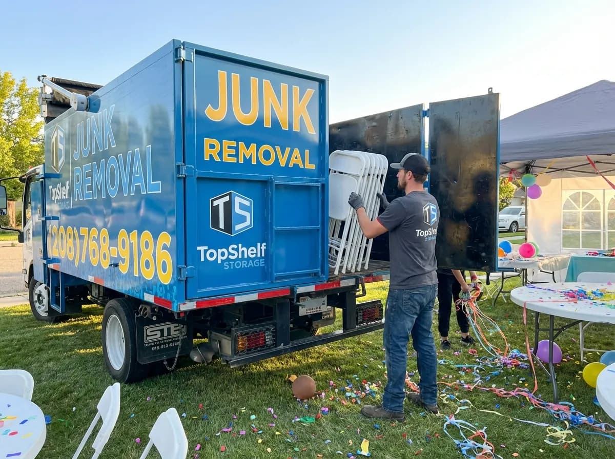 Top Shelf junk removal team hauling event cleanup debris to the branded truck in Emmett Idaho