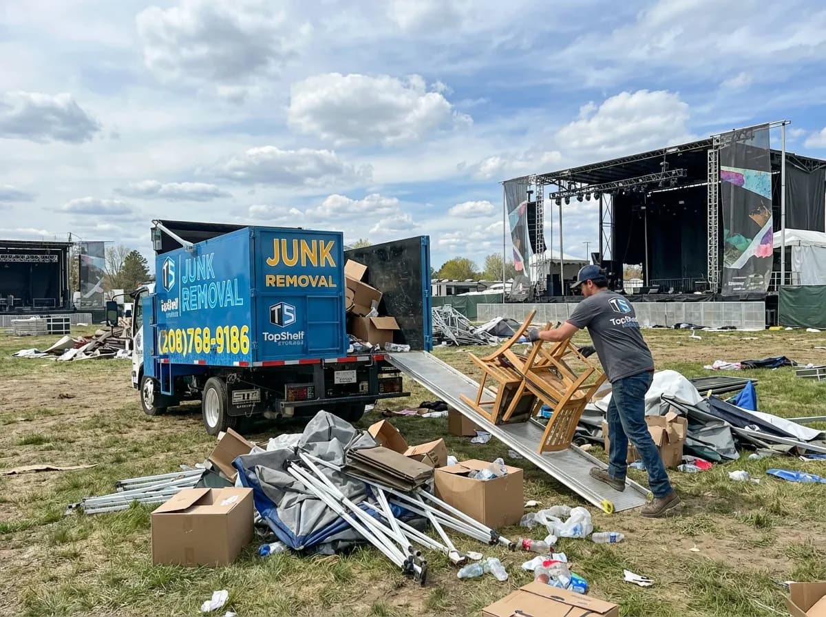 Top Shelf crew member loading event debris into the junk removal truck in Nampa Idaho