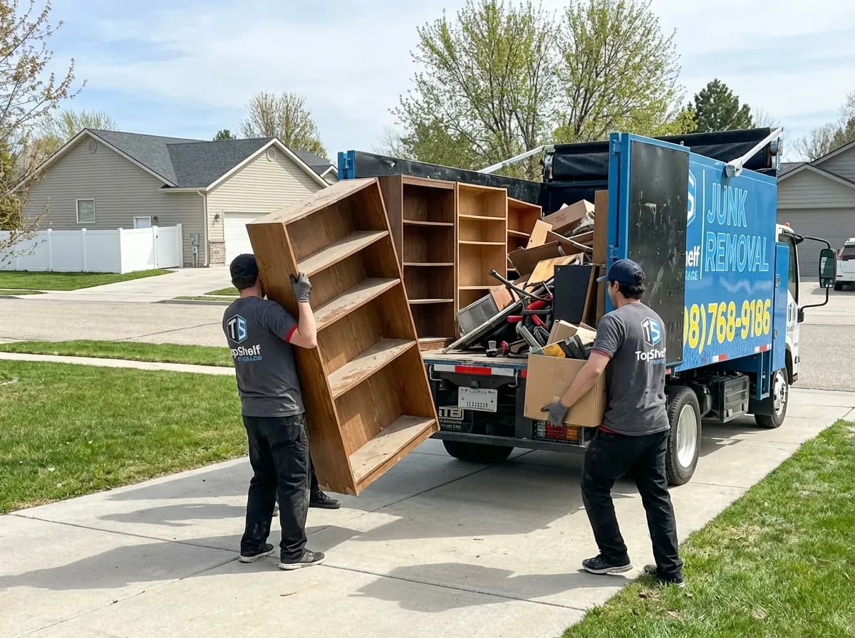 Top Shelf junk removal team hauling basement contents to the branded truck in Middleton Idaho