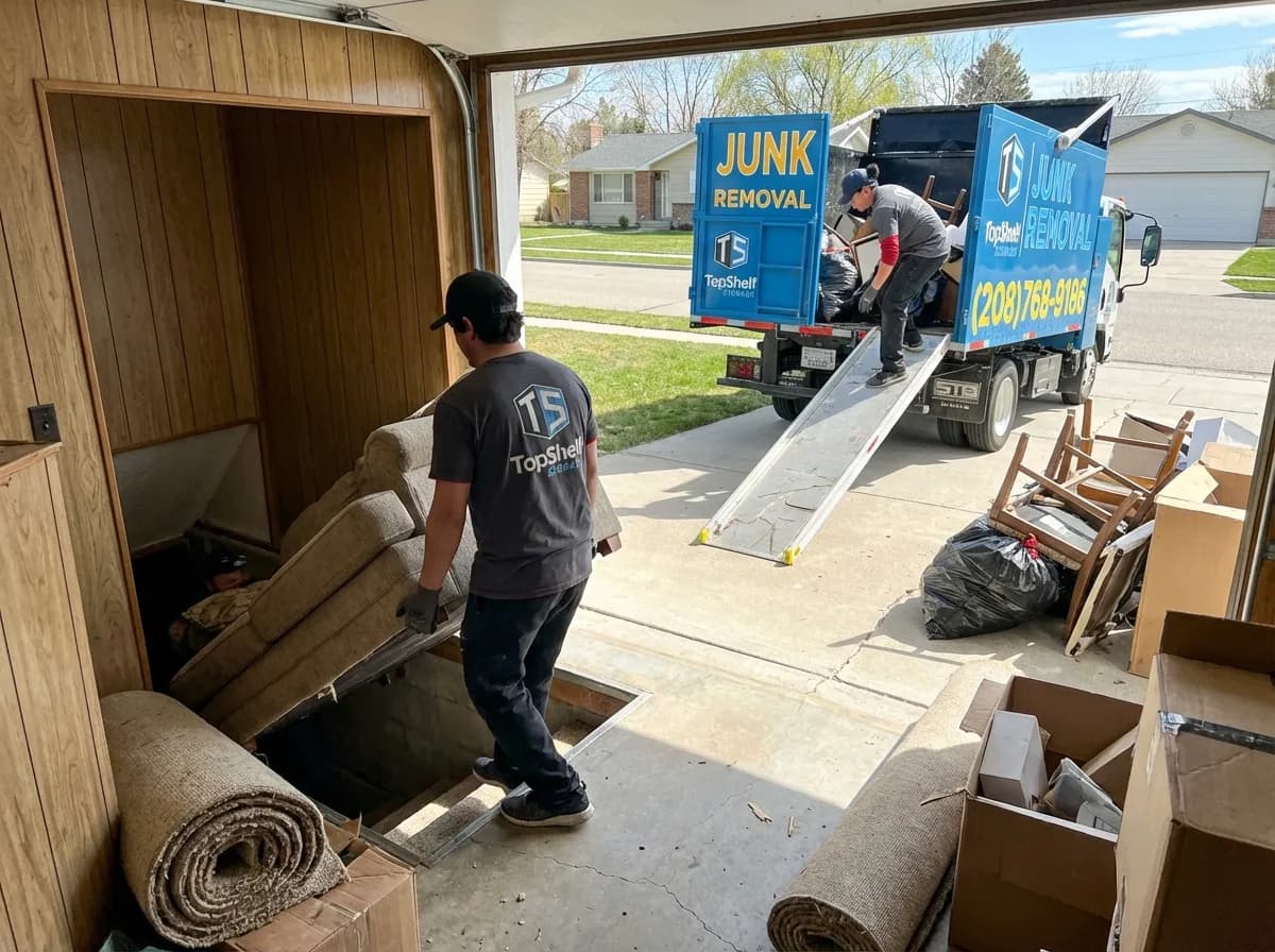 Top Shelf crew member loading basement contents into the junk removal truck in Boise Idaho