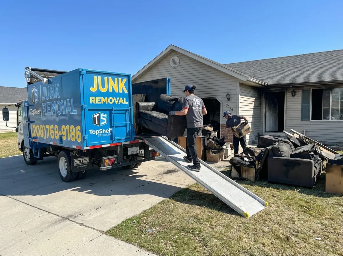 Professional restoration debris removal and haul-away by Top Shelf crew in Kuna Idaho