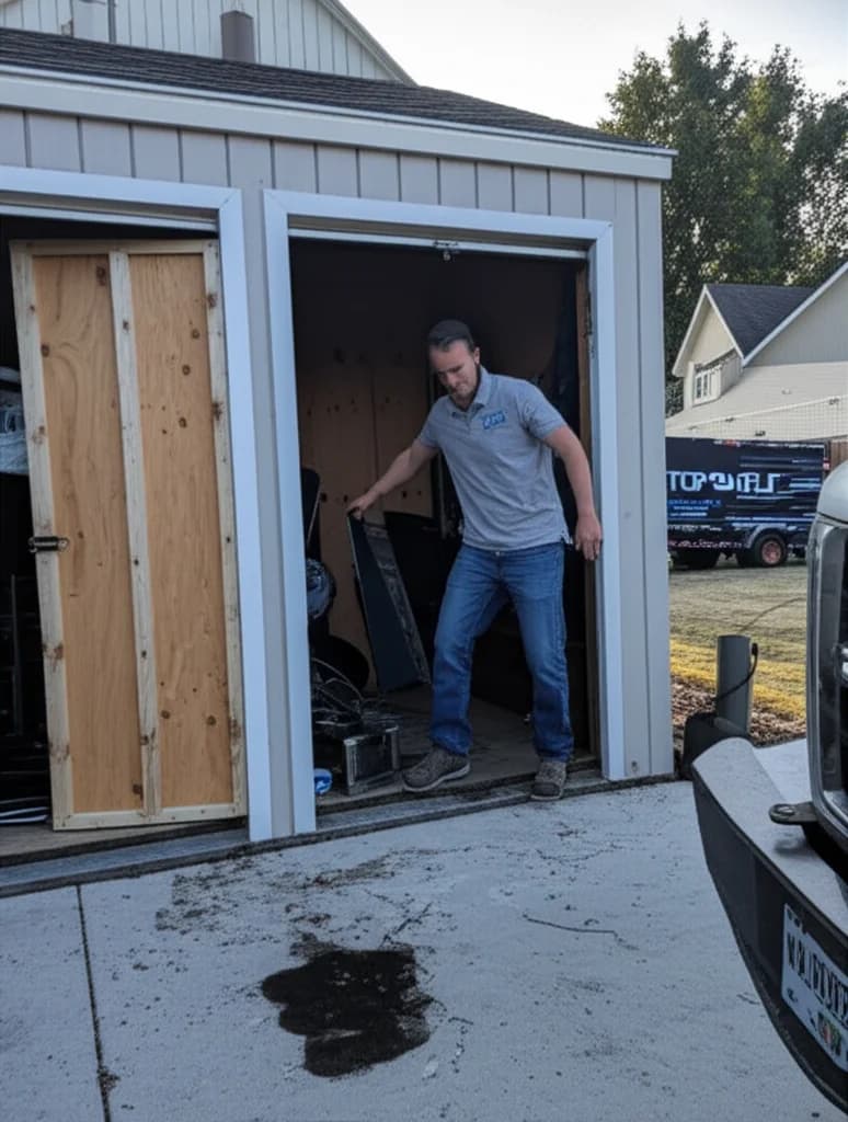 Professional crew clearing out a shed filled with tools and equipment in Boise Idaho
