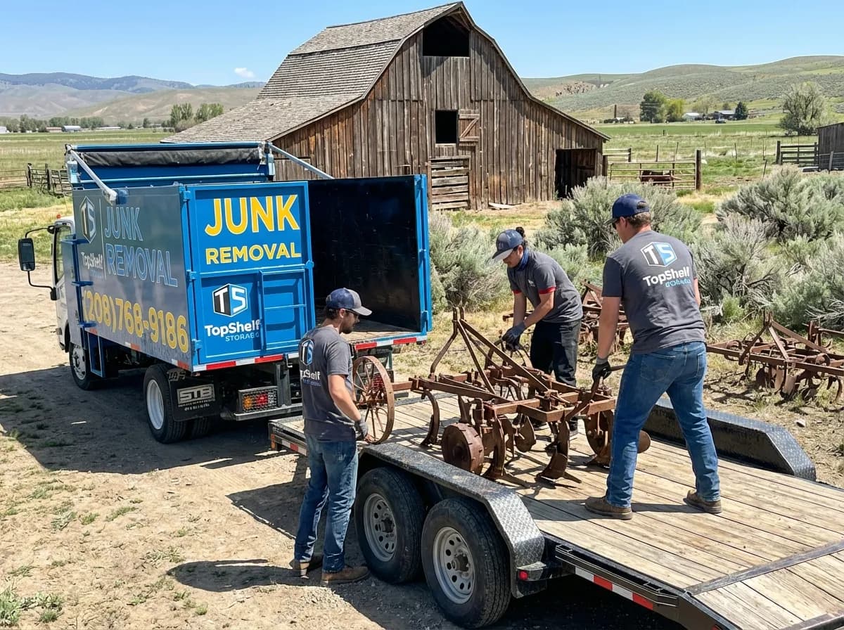 Top Shelf crew removing farm equipment from a rural property in Emmett Idaho