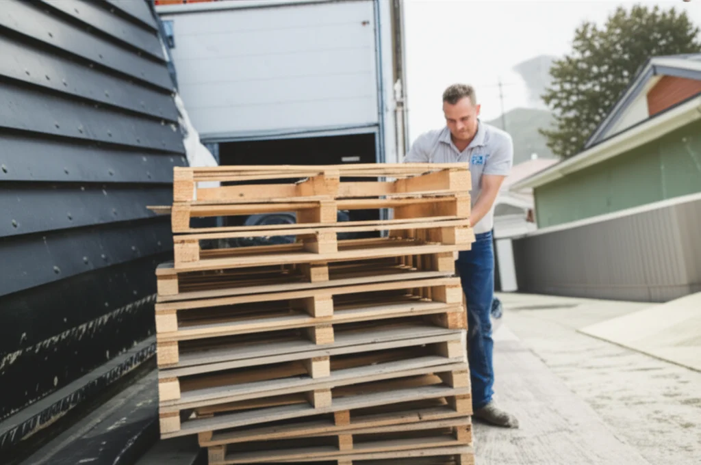 Professional crew loading wood pallets for removal from Boise Idaho commercial warehouse