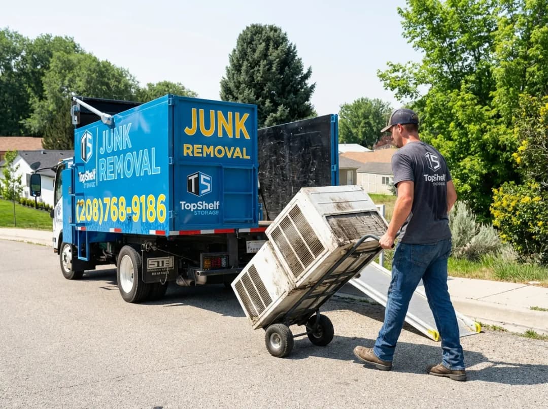 Top Shelf junk removal team hauling an old air conditioner to the branded truck in Kuna Idaho