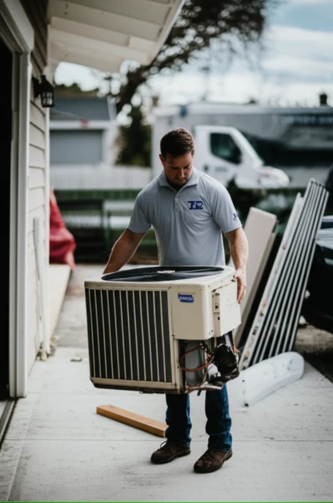 Professional worker removing an old air conditioner unit from a Boise Idaho home