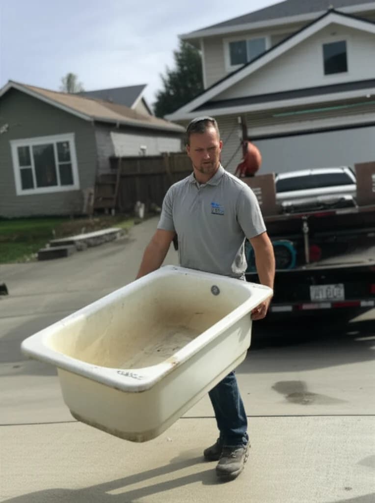 Professional crew removing a heavy cast iron bathtub from a Boise Idaho bathroom renovation